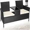 tectake® Panchina da Giardino in Polyrattan con Tavolino Integrato, 133x63x84 cm, Resistente Intemperie, Cuscino Seduta 6 cm, Set Panca da Giardino per 2, per Veranda, Balcone - Nero/Beige