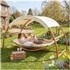 tectake® Amaca da Esterno per 2 Persone, Amaca XXL con Tettuccio Parasole, Struttura in Legno Robusta, Tessuto Traspirante e Idrorepellente, Inclusi Comodi Cuscini, Teak, 328 x 160 x 171,5 cm