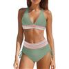 Generico Bikini Vita Alta Donna, Costume Donna Due Pezzi Vita Alta - Bikini Scollo a V con Spalline Regolabili e Push Up, Slip Brasiliano con Coulisse, Color Block per Mare e Spiaggia Verde L