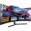 Gawfolk 34 Pollici Ultrawide Curved Gaming Monitor, 1500R Pc Screen 165hz UWQHD 3440x1440, Schermo Computer Curvo Con Freesync E Eye Care Technologie, Supporta Vesa 75 X 75 mm