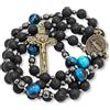 Nazareth Store Rosario cattolico da uomo, con perline in pietra lavica nera, con medaglia di San e croce, perline in occhio di tigre blu, collana con croce in confezione regalo portatile, 52 cm, Pietra, Nessuna