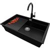 PRIMAGRAN Lavandino da Cucina Nero 76x47cm, Lavello in Granito a 1 vasca + Rubinetto 32x20cm + Set di accessori, Lavabo da Cucina Incasso al Mobile 80cm - Prague Level Slim S535
