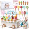 CHMMY Gelateria Giocattolo per Bambini, Giochi in Legno Carretto Gelati Giocattolo, Gelateria Cucina Giocattolo Accessori, Montessori Gioco di Ruolo Educativo Regalo per Bambini Bambina 3 4 5 6 Anni