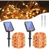 Meision Catena di luci solari per esterni, 20 m, 200 LED, filo di rame, per esterni, con 8 modalità + IP65, resistente alle intemperie, per giardino, balcone, 2 pezzi, bianco caldo