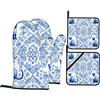 ZSUUGJ Set di guanti da forno e presine resistenti al calore con motivo floreale con gatto blu, guanti da forno con impugnatura antiscivolo per barbecue, cottura e cottura