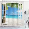ABAKUHAUS Turchese Tenda da Doccia, Tropical Beach Palme, Tessuto Set di Decorazioni per il Bagno con Ganci, 175 x 180 cm, Verde Bianco Blu