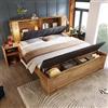 HOXINBLY Letto matrimoniale 180x200 con testiera ribaltabile rivestita in tessuto di lino, Letto Industrial con 2 comodini e panca con contenitore, lampade da lettura con USB, Legno Rovere (Senza Materasso)