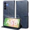 WAURZ Cover per Samsung Galaxy A56 5G Custodia Cover Pelle Libro con 2 Pellicola Vetro Temperato Protezione Schermo Portafoglio Porta Carte Antiurto Cuoio Flip Case Custodia Cover,Blu