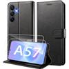 WAURZ Cover per Samsung Galaxy A57 5G Pelle a Libro con 2 Pellicola Vetro Temperato Protezione Schermo Portafoglio Porta Carte Flip Case Antiurto Cuoio Custodia,Nero