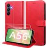 WAURZ Cover per Samsung Galaxy A56 5G Custodia Cover Pelle Libro con 2 Pellicola Vetro Temperato Protezione Schermo Portafoglio Porta Carte Antiurto Cuoio Flip Case Custodia Cover,Rosso