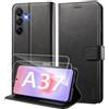 WAURZ Cover per Samsung Galaxy A37 5G Pelle a Libro con 2 Pellicola Vetro Temperato Protezione Schermo Portafoglio Porta Carte Flip Case Antiurto Cuoio Custodia,Nero