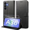WAURZ Cover per Samsung Galaxy A36 5G Custodia Cover Pelle Libro con 2 Pellicola Vetro Temperato Protezione Schermo Portafoglio Porta Carte Antiurto Cuoio Flip Case Custodia Cover,Nero