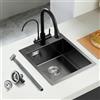 ROVOGO Lavello da cucina nero, 50 x 43 cm, con set di scarico, 1 bacino con foro per rubinetto e dispenser di sapone, lavello da incasso, in acciaio inox spazzolato