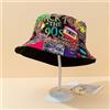 NONE Cappello a secchiello reversibile da uomo con motivo a nastro colorato con graffiti, stile retrò anni '90, adatto per viaggi e feste in città.