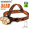 NEWBIRTH Potente Lampada Frontale a 5 LED Ricaricabile USB, Torcia da Testa Impermeabile per Pesca, Caccia, Campeggio, Corsa e Escursionismo