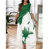 NONE Abito lungo da donna taglie forti con stampa floreale e maniche in rete, vestito casual a girocollo a trapezio, verde e bianco a blocchi di colore per donna
