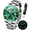 OLEVS Orologi da uomo in acciaio inox, analogico, al quarzo, cronografo, fasi lunari, impermeabile, datario, luminoso, orologio da polso da uomo, regalo per uomo, 5885: argento e verde, Semplicità