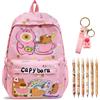 CYGMRFH Capybara Zaino per Bambini con Cartoni Animati Rosa, Portachiavi Capybara in PVC, Set di Penne Cancellabili blu Cristallo, Ideale Regalo per Bambini, Articoli Scolastici per Scuola, Alunni e Studenti