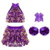 HULIJA Bambina Completo da Ballo Paillettes Tutu Crop Top con Gonna di Danza Tuta Latino Americano Danza Costume da Ballo Completo Sportivo Viola 5-6 anni