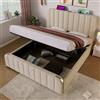 TIZZ Letto imbottito, doppia testiera imbottita con strisce decorative dorate e funzione di ricarica USB di tipo C, colore beige, materiale in lino, capacità di carico 181 kg (senza materasso) (140 x 200