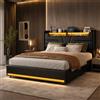 KEFSR Letto Matrimoniale 140x200cm con LED RGB, Contenitore Portaoggetti con Sistema di Sollevamento a Gas e Porte USB - Struttura Rinforzata con Doghe in Legno, Testata Imbottita in PU Nera - Senza