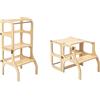 Ette Tete Torretta pieghevole con seduta, altezza in piedi 45 cm, Sgabello, sgabello pieghevole, torre montessoriana con seduta e tavolo pieghevole, legno betulla, verniciato UV, legno con finiture oro