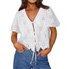 Trendy Queen Top da Donna con Cravatta Frontale Estiva per Vacanze al Mare 2025 Camicette a Maniche Corte Moda Abiti Ricamati con Occhielli Primaverili, Bianco, XL