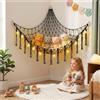 AUAUY Amaca Porta Peluche, Boho Giocattoli Rete Portaoggetti con Ganci, Ampia Amaca Angolare con Luci a LED a Stringa e Nappe, Porta Peluche In Tessuto per Riporre Oggetti e Decorare-Nero