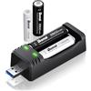 BONAI Caricabatterie Pile Ricaricabili AA AAA con 2 Pile AA 2800mAh e 2 Pile AAA 1100mAh, Carica Batterie USB a 2 Slot Indipendenti per Batterie Ni-MH, Alimentazione USB Portatile