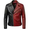 JAKRON Giacca da motociclista da uomo, in pelle, con borchie, gotico, bicolore, stile punk rock, Nero & Rosso - Vera Pelle, S