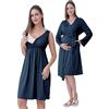 SUNNYBUY Camicia da notte premaman e allattamento con vestaglia, 2 pezzi, 3 in 1, per nascita, settimanali e allattamento, biancheria da notte ospedale, blu navy, L