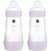MAM Biberon Easy Start 260 ml (Set da 2), Kit da 2 biberon anticolica per allattamento misto, Lilla, 2+ mesi