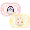 MAM Perfect Night Confezione Doppia Succhietto 16+ Mesi (Set da 2), Ciuccio MAM 16 36 mesi silicone che si illumina al buio, Rosa/Giallo