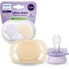 Avent Succhietti Ultra Start 0-2m Day Pastello Giallo e Viola, a base vegetale - Set da 2 ciucci - Philips Avent