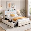 BIYFSDS Letto imbottito 90 x 200 cm, letto imbottito con 2 cassetti,Letto LED con funzione di ricarica USB, schienale con spazio di archiviazione letto singolo con rete a doghe, letti per adolescenti (beige