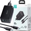 Joyroom Caricabatterie veloce Gan 65W Usb-A, 2X Usb-C nero + Usb-C - Usb-C 100W 1,2M cavo (Tcg01)