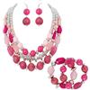 BOCAR Set Gioielli Chunky Statement a 3 Strati, Collana, Orecchini e Bracciale con Perline in Acrilico e Legno, Stile Boemo per Donna (NK-10625-Bright Rose-Sliver+er+br)