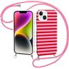 Kivlclri Righe Cover per iPhone 15 6,1'' con Cordino, Cellulare Aesthetic Estivi Rosso Rosa Striped Motivo Disegno Traslucida Silicone Case Corda con Regolabile Laccio Antiurto Bumper Bumper Custodia