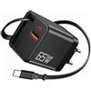 Astraveo 65W Caricabatterie USB C rapido con cavo retrattile GaN 3-porte caricatore rapido 65W PD3.0/QC3.0 per MacBook iPhone 17/16/15 Pro Max Samsung S24 per viaggi e ufficio