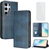 OUEAYIEN Cover per Samsung Galaxy S25 Ultra Custodia a Libro con Vetro Temperato Blocco RFID Pelle Portafoglio Porta Carte Vintage Flip Custodia per Galaxy S 25 25S Ultra Samsung S 25Ultra Blu