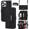 Cavor Cover Compatibile con iPhone 13 PRO con Cordino,Flip Portafoglio Custodia Pelle,[Specchio][5 Porta Carte][Magnetico],Custodia Cover con Laccio Compatibile con iPhone 13 PRO - Nero