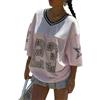 Anuedgis - Magliette da donna Y2k oversize in jersey, con scollo a V carino, grafica con numeri, stile basket, T-shirt estiva varsity, top estetico, A-rosa, S