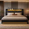 BRILVERDE Letto Imbottito 140x200 con Contenitore Idraulico, Letto Matrimoniale a LED con USB, Funzionale con testiera, Struttura Letto con Rete a doghe, PU (Nero, 140 x 200 cm)