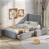 Moimhear Letto imbottito 90 x 200 cm, letto con rete a doghe, schienale e 2 cassetti, tessuto di flanella beige delicato sulla pelle, letto singolo per bambini (grigio)