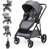 GIANTEX Passeggino per Bambini 2 in 1, Passeggino Pieghevole con Seggiolino Reversibile Bidirezionale, Schienale & Tettuccio Regolabile, Cestino, Freno a Pedale, per Neonato fino a 3 Anni (Grigio)