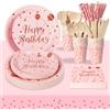 PYAILI Compleanno Stoviglie Rosa e Rosa Oro 193 Pezzi Set Include Piatti, Tovaglioli, Tazze di Carta, Adatto a Tutti i tipi di Feste a Tema -24 Ospiti