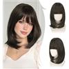RUWISS Dritto Bruno Nero Bob Parrucche con Frange，35cm Spalla Lunghezza Parrucca per Donna Charming Bob con Bangs Fibra Sintética Resistente per Uso