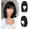 RUWISS Dritto Nero Bob Parrucche con Frange，35cm Spalla Lunghezza Parrucca per Donna Charming Bob con Bangs Fibra Sintética Resistente per Uso