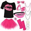 WERFORU Set da donna per carnevale anni '80, maglietta, gonna in tulle, occhiali da sole a cuore, fascia, guanti a rete, collana, marsupio, orecchini, scaldamuscoli, cinturino in silicone
