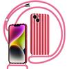 Kueqeay Custodia con Cordino per iPhone 13 Mini 5,4 Silicone Bumper Cover Ragazze Motivo Striped Righe Cute Design Rosa Rosso con Laccio Collana Antiurto Protettivo Case Cellulare Girocollo, 01